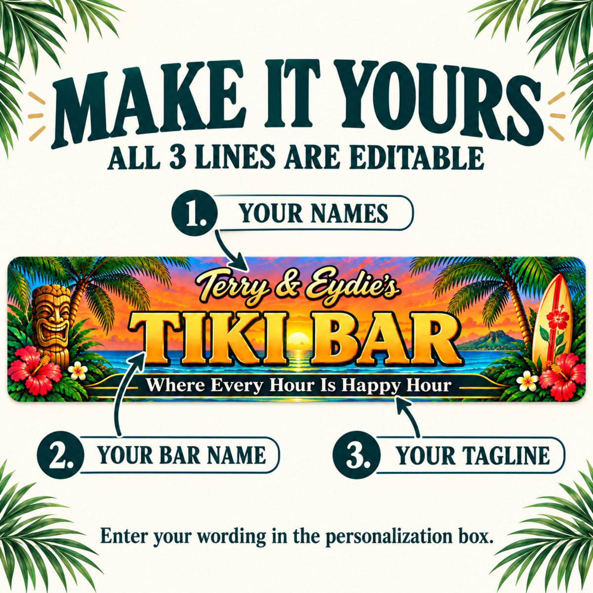 Tiki bar sign with arrows identifying three editable lines: your names, your bar name, and your tagline.