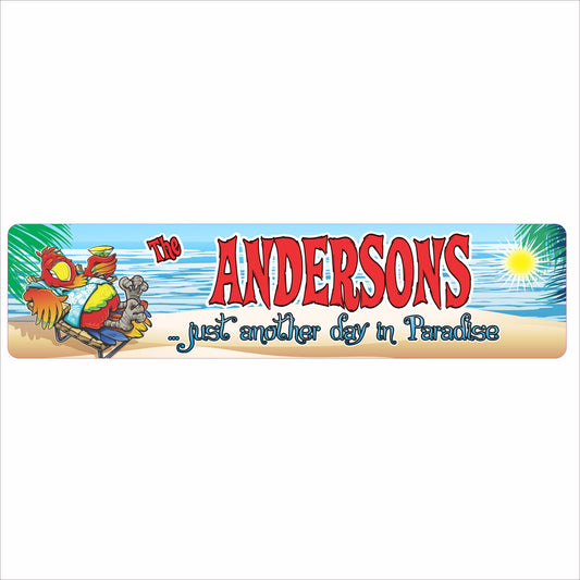 Close-up view of printed aluminum beach sign showing crisp colors, smooth finish, and tropical artwork with the lounging parrot and beach background.
