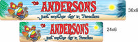 Side-by-side size comparison showing the two available aluminum sign sizes for the personalized tropical beach design.
