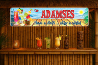 personalized tropical beach bar sign mounted outdoors on a tiki bar wall