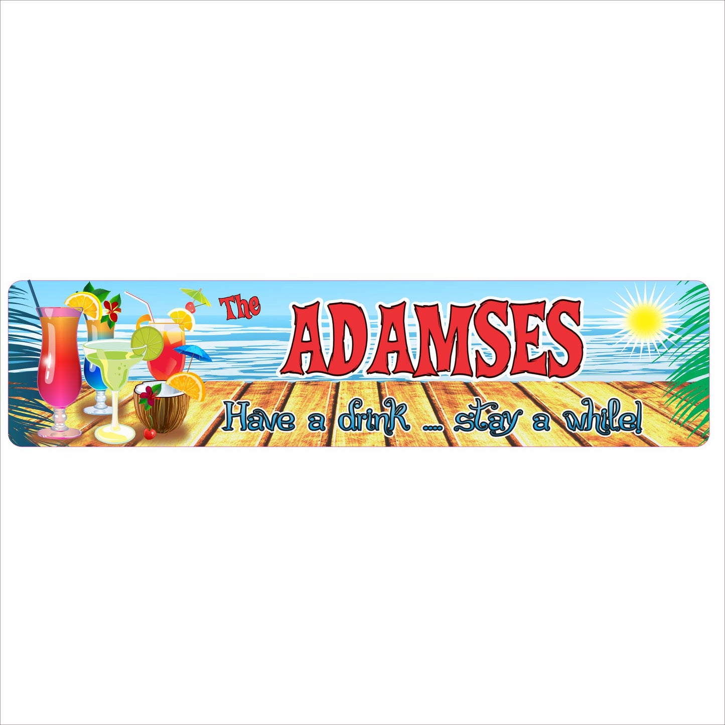 tropical beach bar aluminum sign with colorful cocktails and custom family name