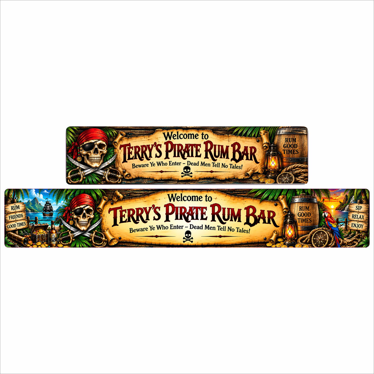 Pirate Rum Bar aluminum sign shown in 24×6 and 36×6 sizes with extended scenery on the 36-inch version.