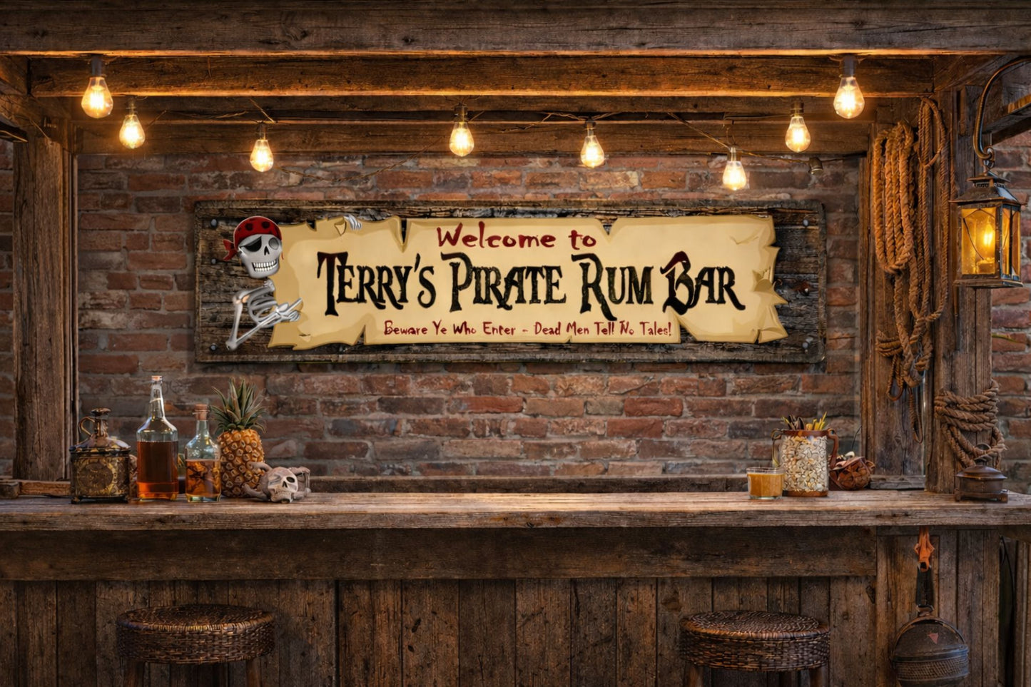 Pirate rum bar sign mounted on brick wall with bar setup