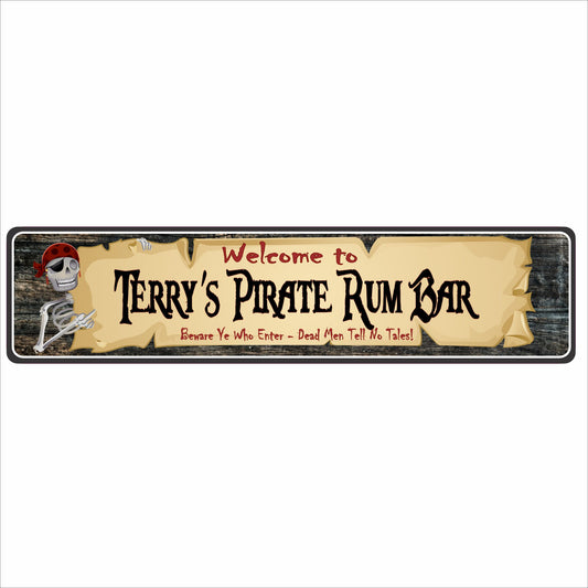 Personalized pirate rum bar sign on parchment scroll background