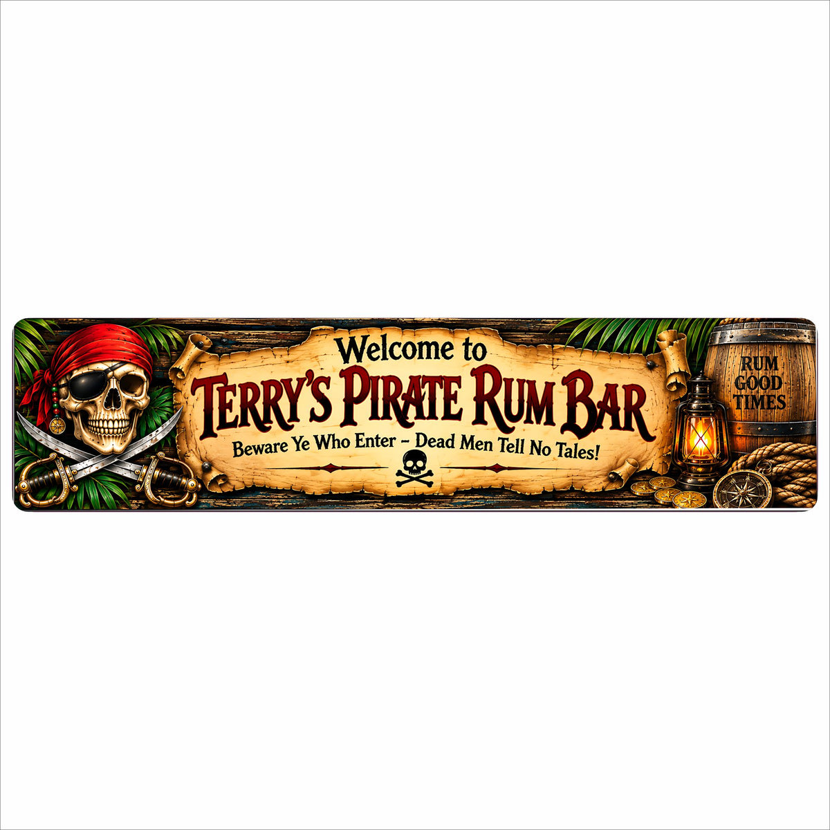 Personalized Pirate Rum Bar aluminum sign with pirate skull, parchment, lantern, rum barrel and custom text.