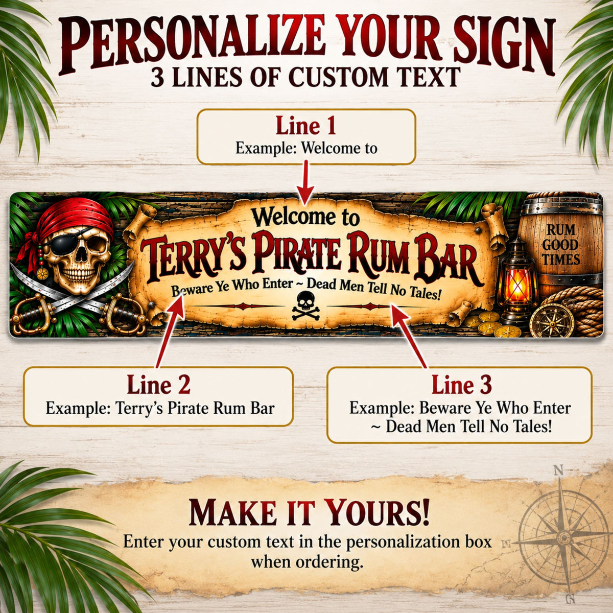 Personalization infographic showing three editable text lines on the Pirate Rum Bar sign.