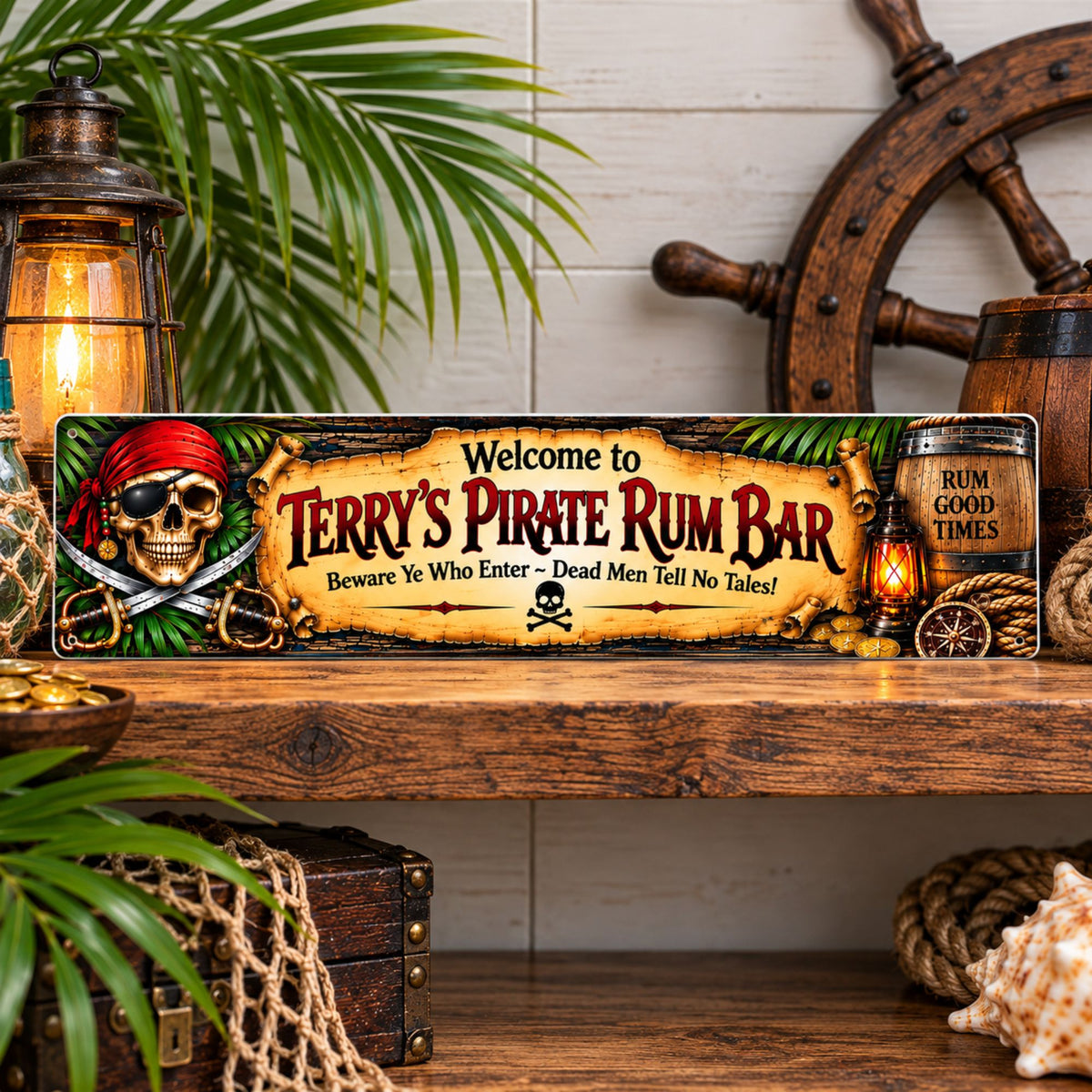 Personalized Pirate Rum Bar aluminum sign displayed on a rustic shelf with tropical nautical decor.
