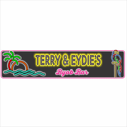 personalized tropical bar sign with neon-style palm tree and parrot design