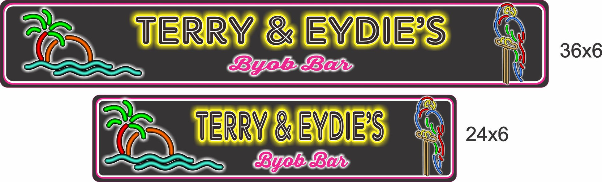 ize comparison showing the tropical bar sign in two sizes, 24x6 and 36x6