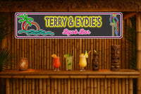 neon-style tropical bar sign displayed in a tiki bar area