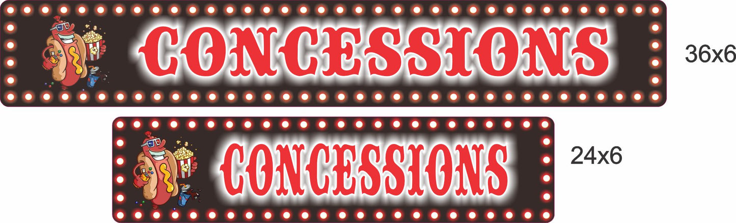 personalized concessions sign displayed in both 24×6 and 36×6 inch sizes