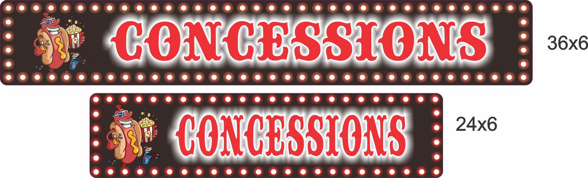 personalized concessions sign displayed in both 24×6 and 36×6 inch sizes