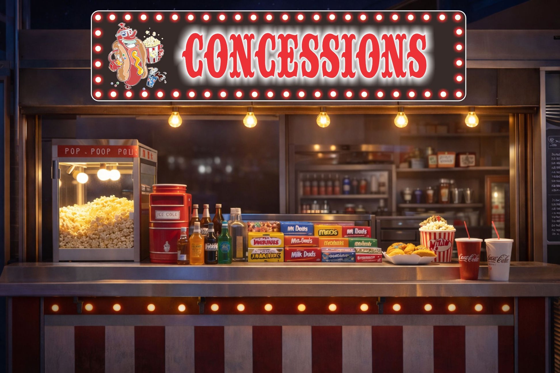 custom concessions sign styled above a home theater snack bar counter with popcorn and candy