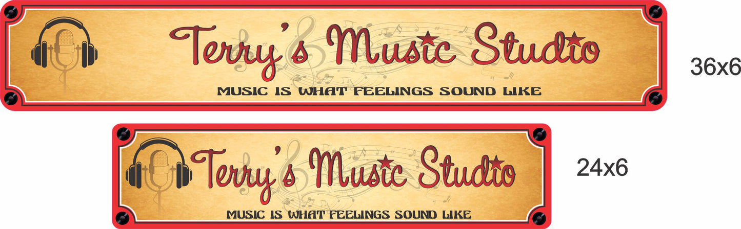 visual size comparison of personalized music studio sign in 24×6 and 36×6