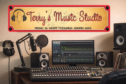 music studio sign displayed on the wall of a recording room