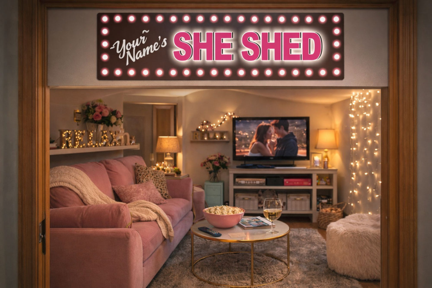 She Shed sign displayed in a women’s relaxation room