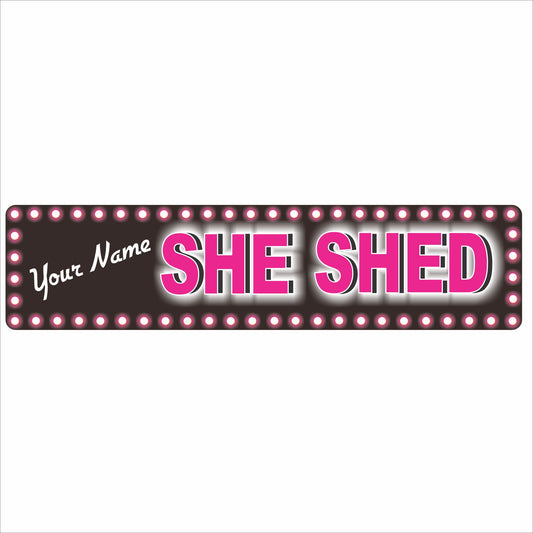 personalized She Shed aluminum sign with pink marquee-style lights
