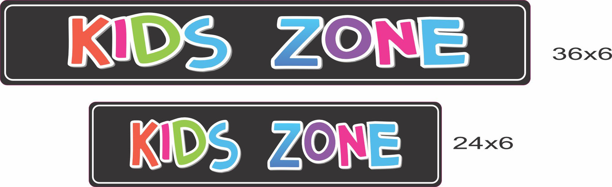two kids zone signs shown in 24x6 and 36x6 inches