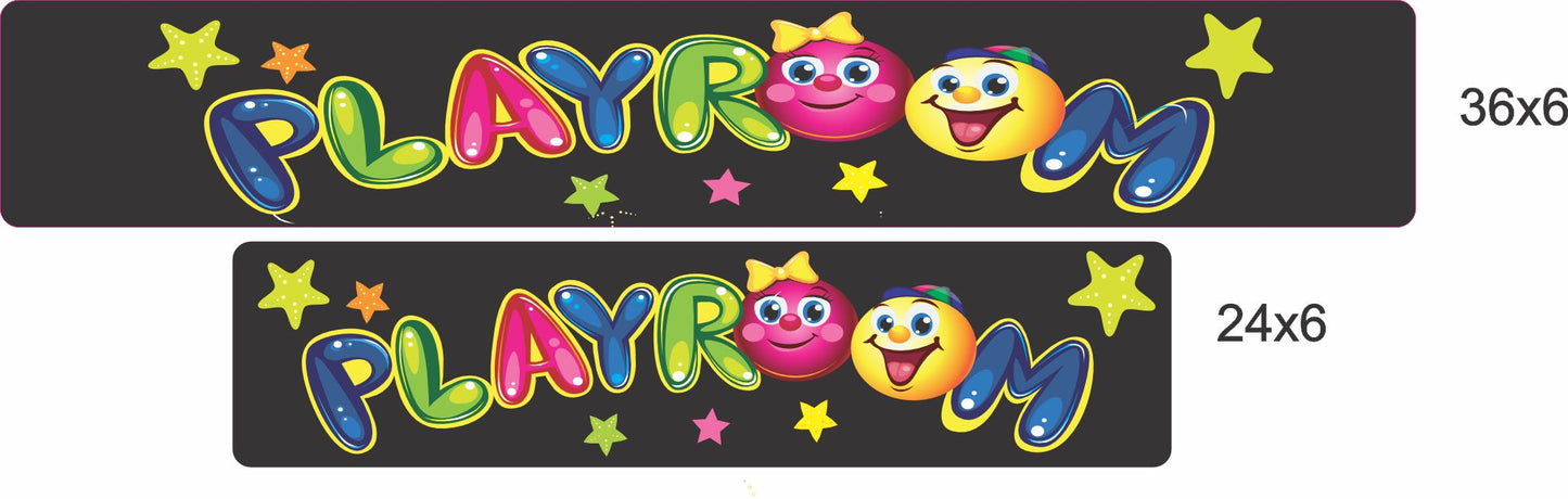 two playroom signs shown in 24x6 and 36x6 inches