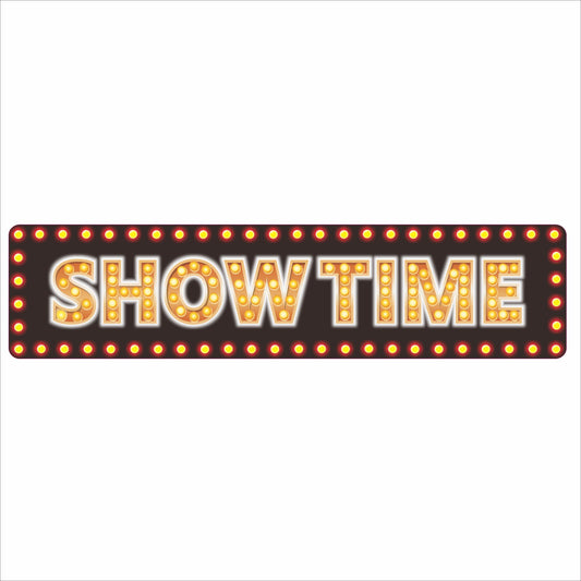 Showtime marquee-style home theater sign with printed light bulb effect on a dark background, rectangular 24x6 movie room wall decor made from aluminum.