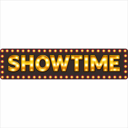 Straight-on SHOWTIME movie theater sign with metallic gold lettering and printed glowing marquee bulbs.