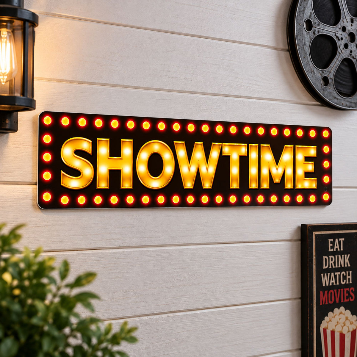 SHOWTIME movie theater sign displayed on a light wall with film reel and home cinema decor.