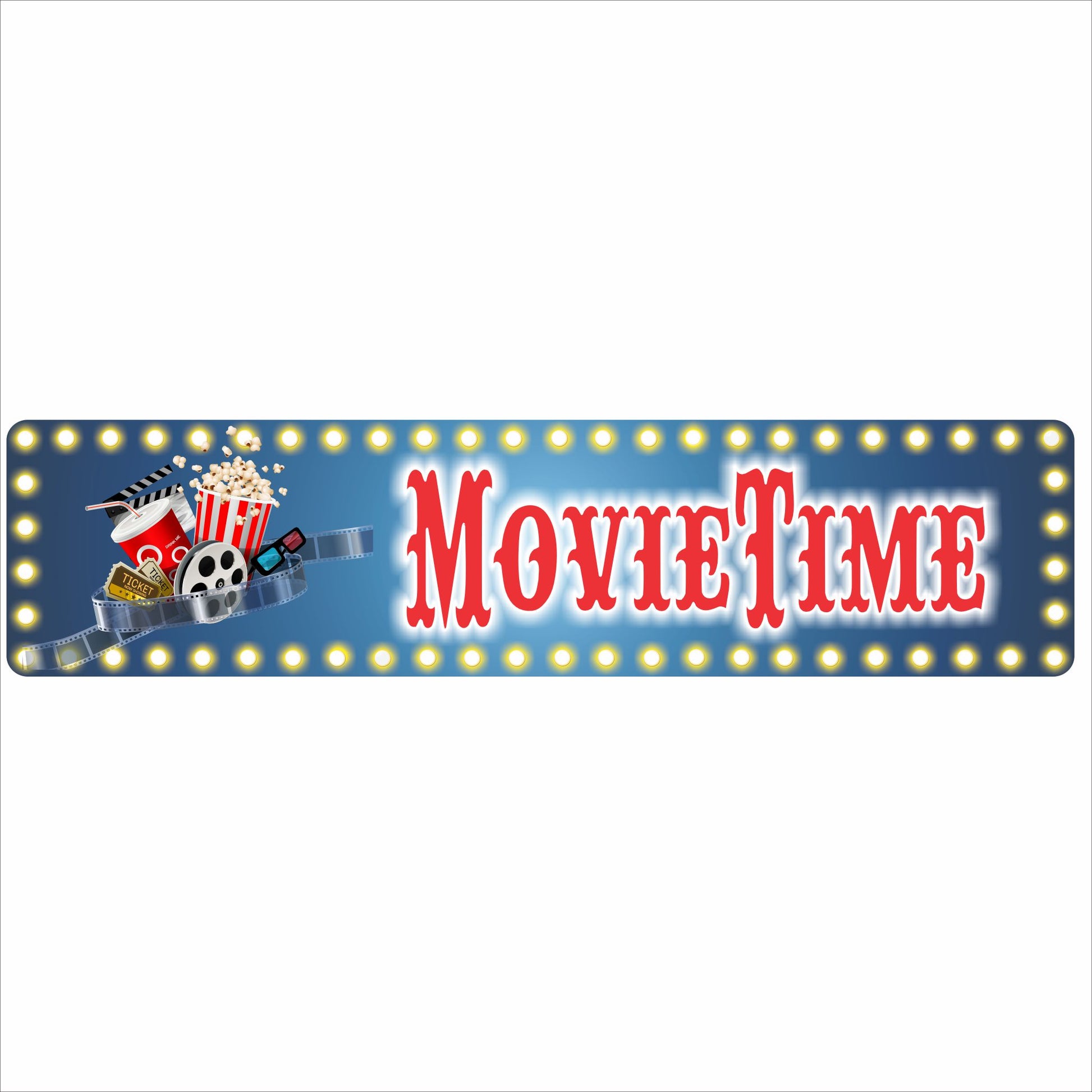movie time sign with vintage marquee lights, popcorn, film reel and cinema theme artwork