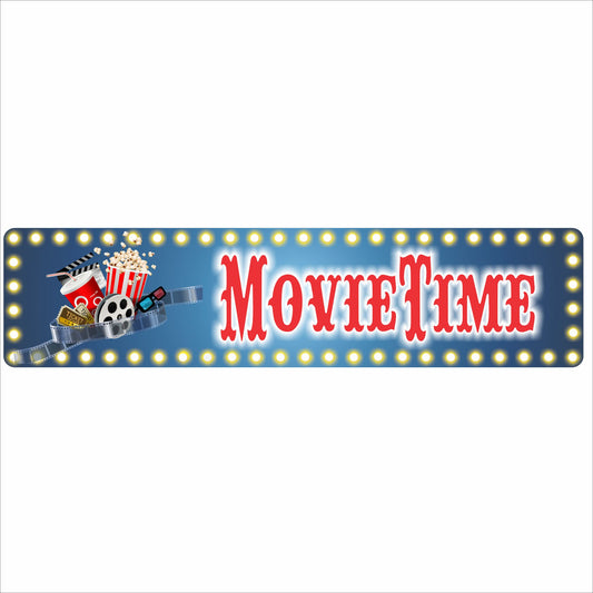 movie time sign with vintage marquee lights, popcorn, film reel and cinema theme artwork