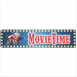 movie time sign with vintage marquee lights, popcorn, film reel and cinema theme artwork