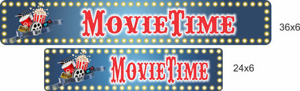 two movie time marquee style signs shown side by side in 24x6 and 36x6 sizes to compare scale, with printed marquee lights and cinema artwork