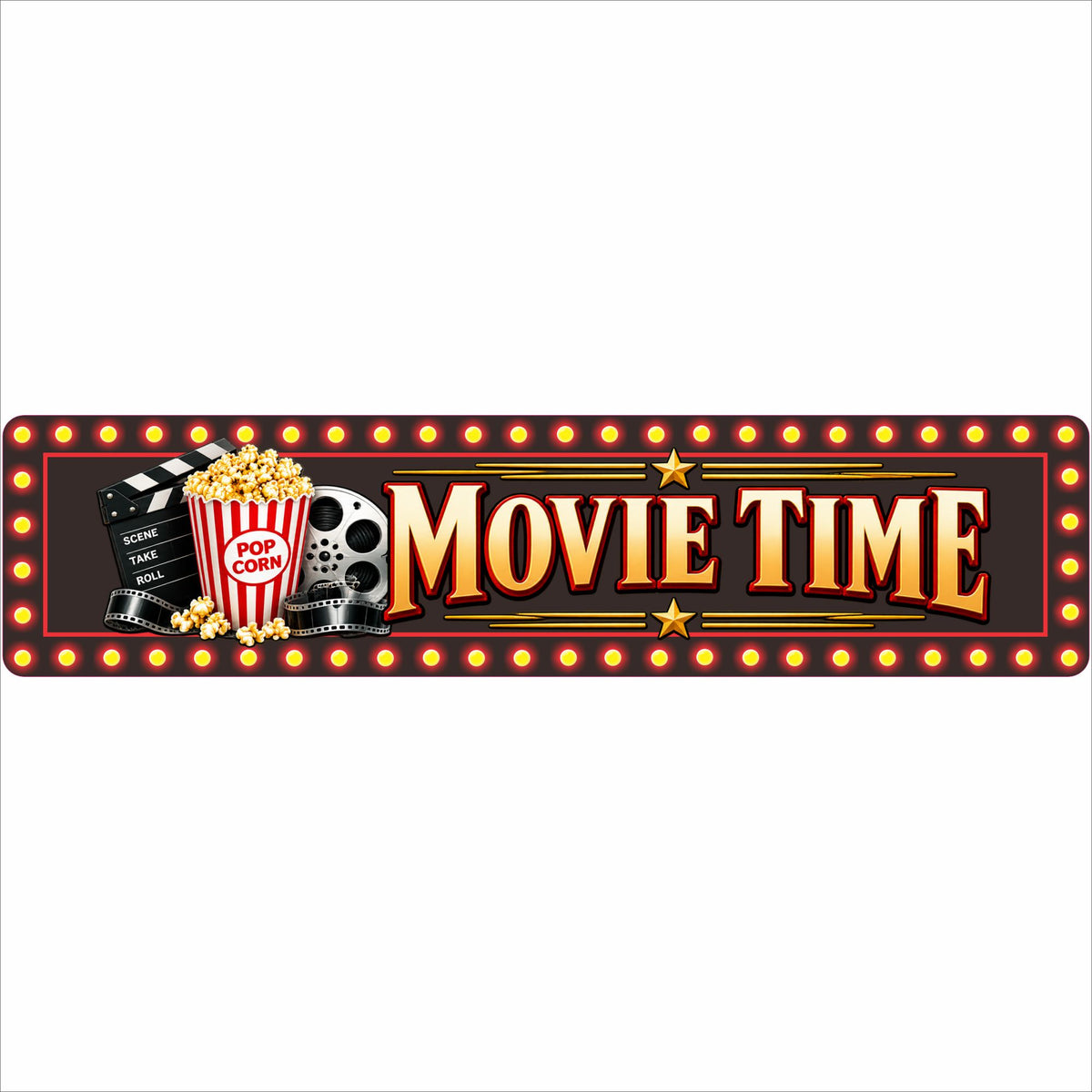 24 by 6 inch Movie Time aluminum home theater sign with popcorn, film reel, clapperboard and printed marquee lights.