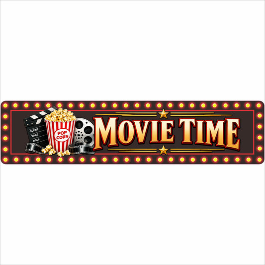 24 by 6 inch Movie Time aluminum home theater sign with popcorn, film reel, clapperboard and printed marquee lights.