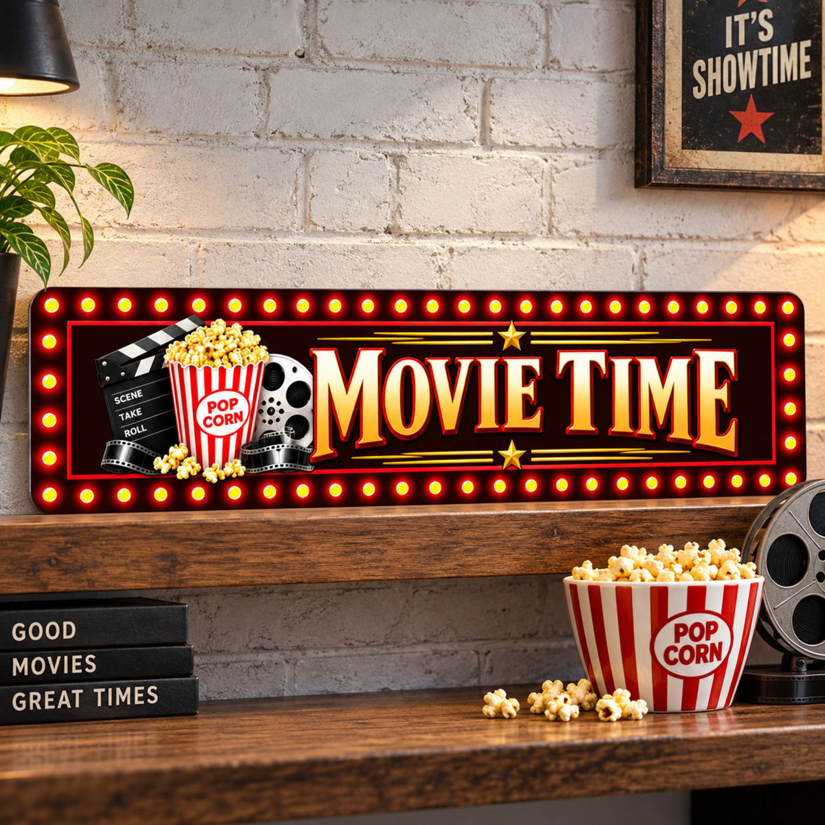 24 inch Movie Time aluminum theater sign displayed on a rustic shelf with popcorn and home cinema decor.