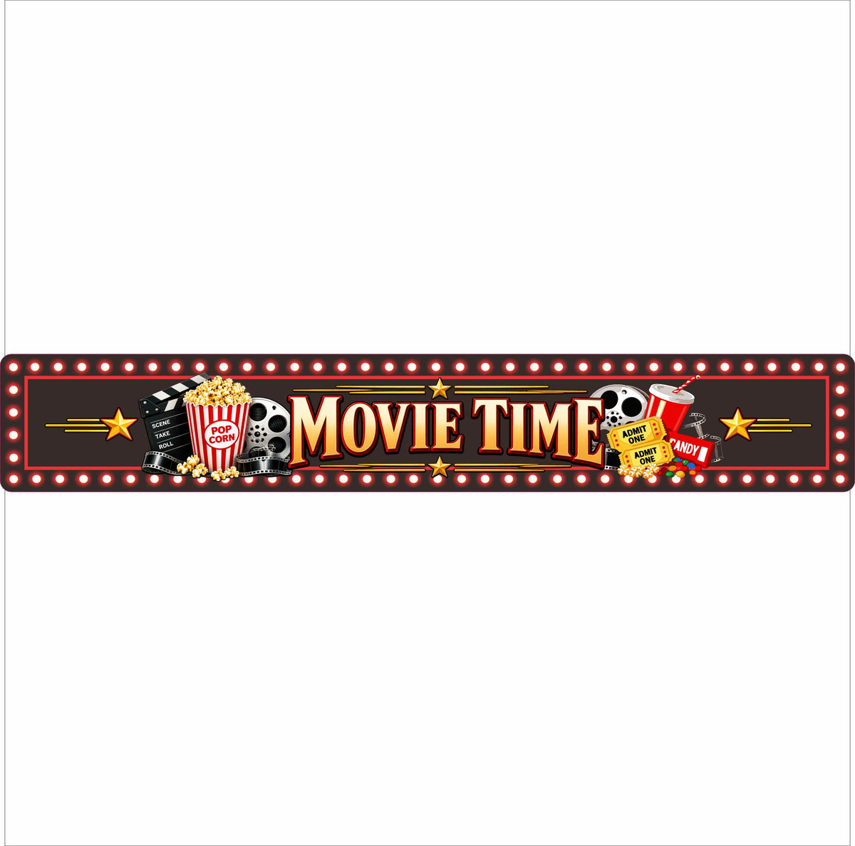 36 by 6 inch Movie Time aluminum home theater sign with popcorn, film reels, soda, tickets, candy and decorative stars.