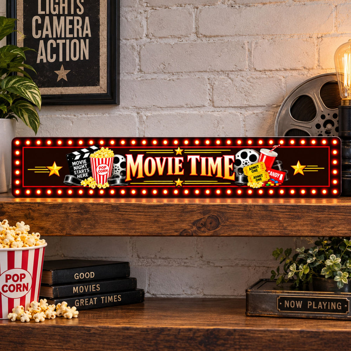 36 inch Movie Time aluminum theater sign displayed on a rustic shelf in a home theater setting.