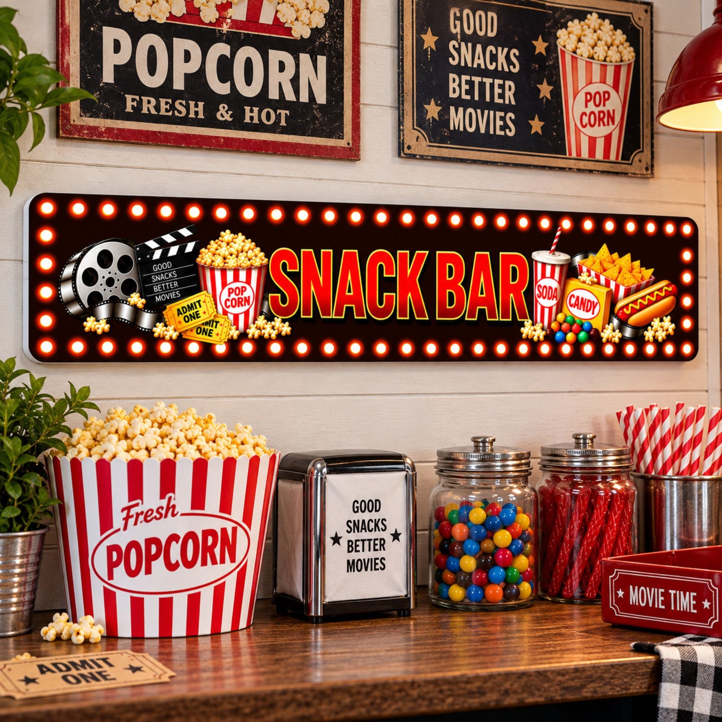 Snack Bar aluminum sign displayed in a movie theater concession area