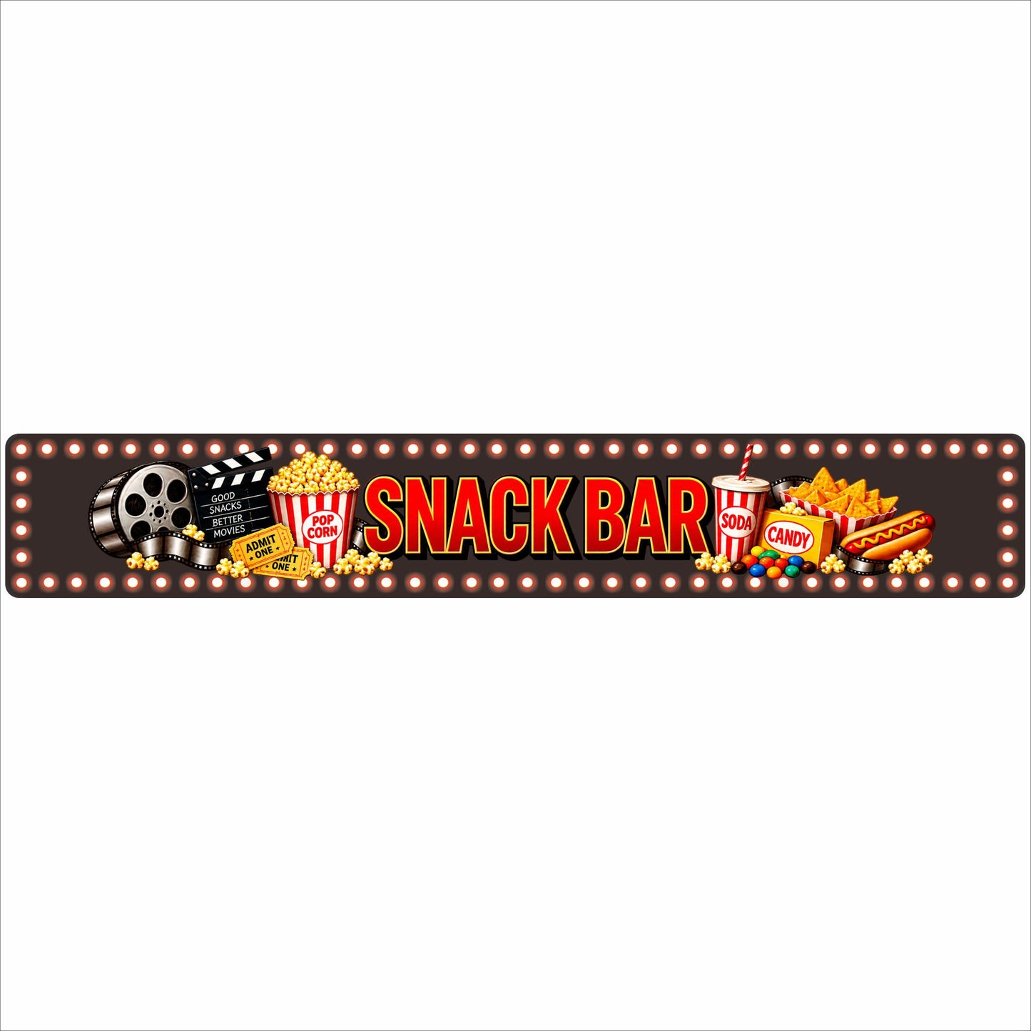 36 x 6 Snack Bar aluminum sign with popcorn, movie reel, soda, candy and theater snack graphics