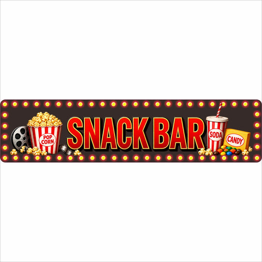 24 x 6 Snack Bar aluminum sign with popcorn, soda, candy and movie reel graphics