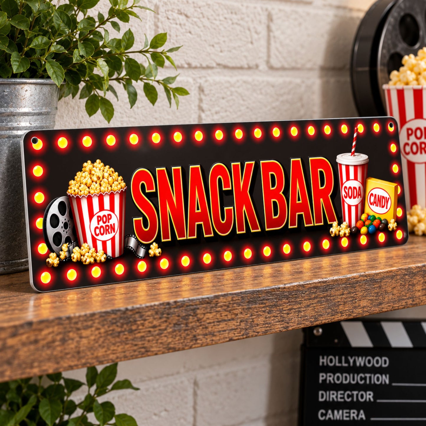 Snack Bar aluminum sign displayed on a shelf in a home theater