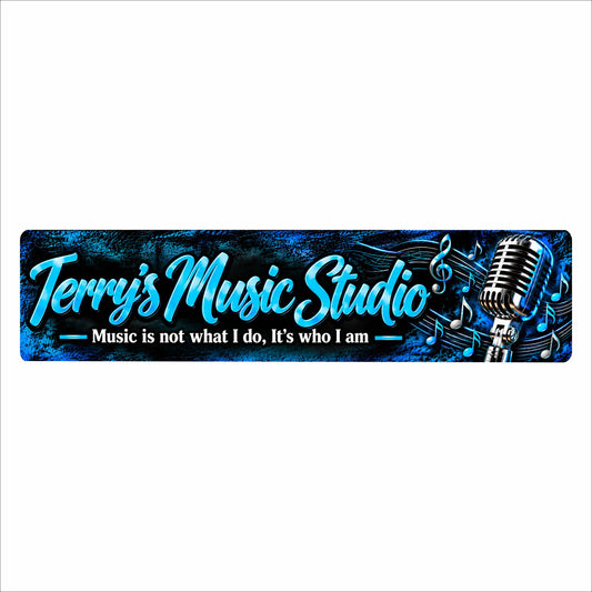 Custom blue and black aluminum music studio sign with personalized name, microphone and musical note design.
