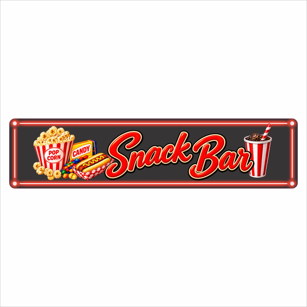 Snack Bar aluminum sign with popcorn, candy, hot dog, soda and printed marquee border lights.