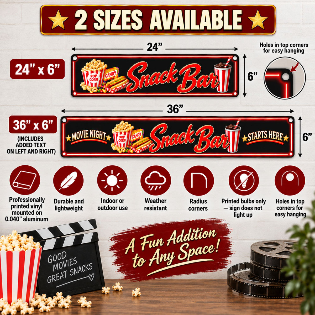 Two-size infographic showing 24 x 6 and 36 x 6 Snack Bar aluminum signs, product features and hanging holes.
