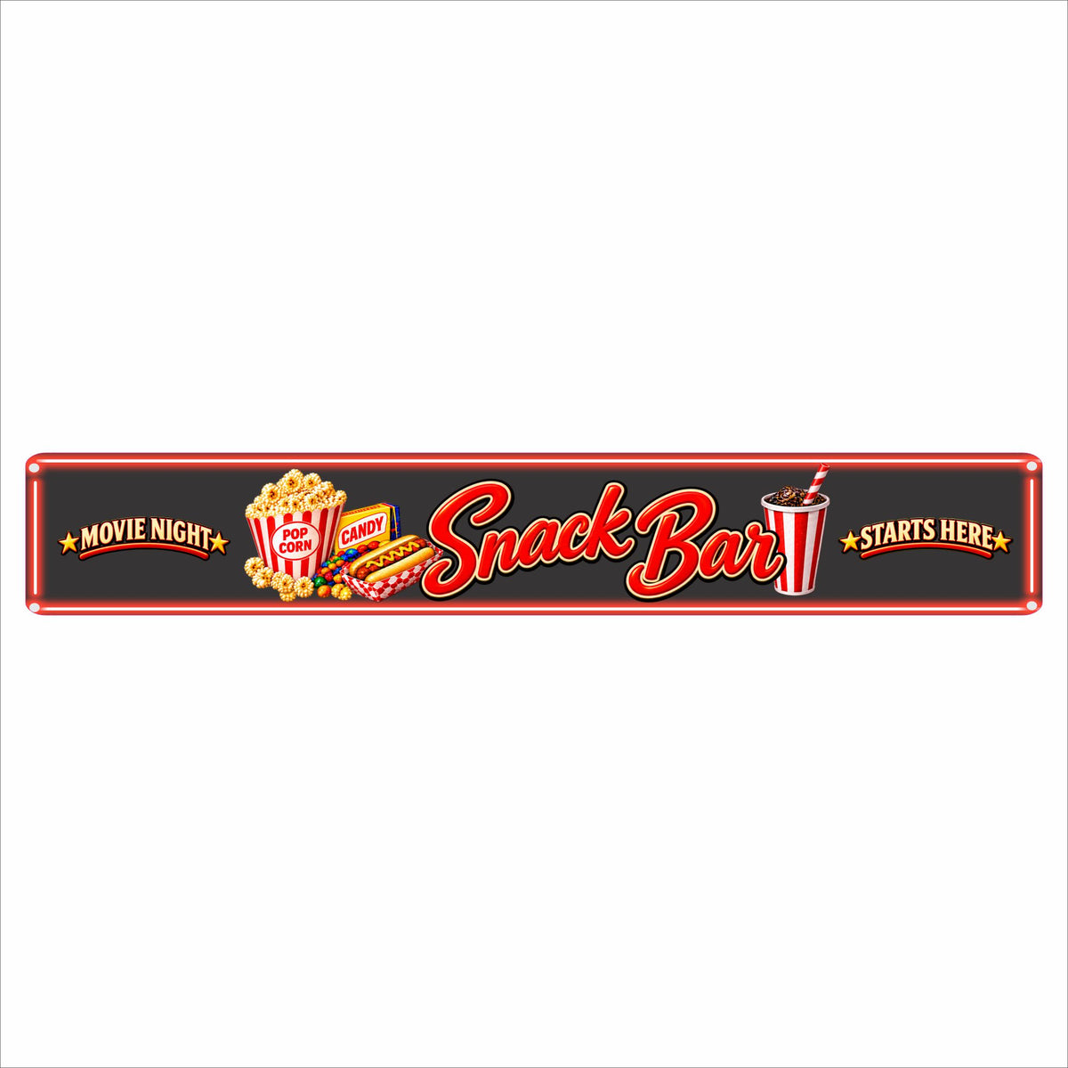 36 x 6 Snack Bar aluminum sign with Movie Night and Starts Here text and concession graphics.
