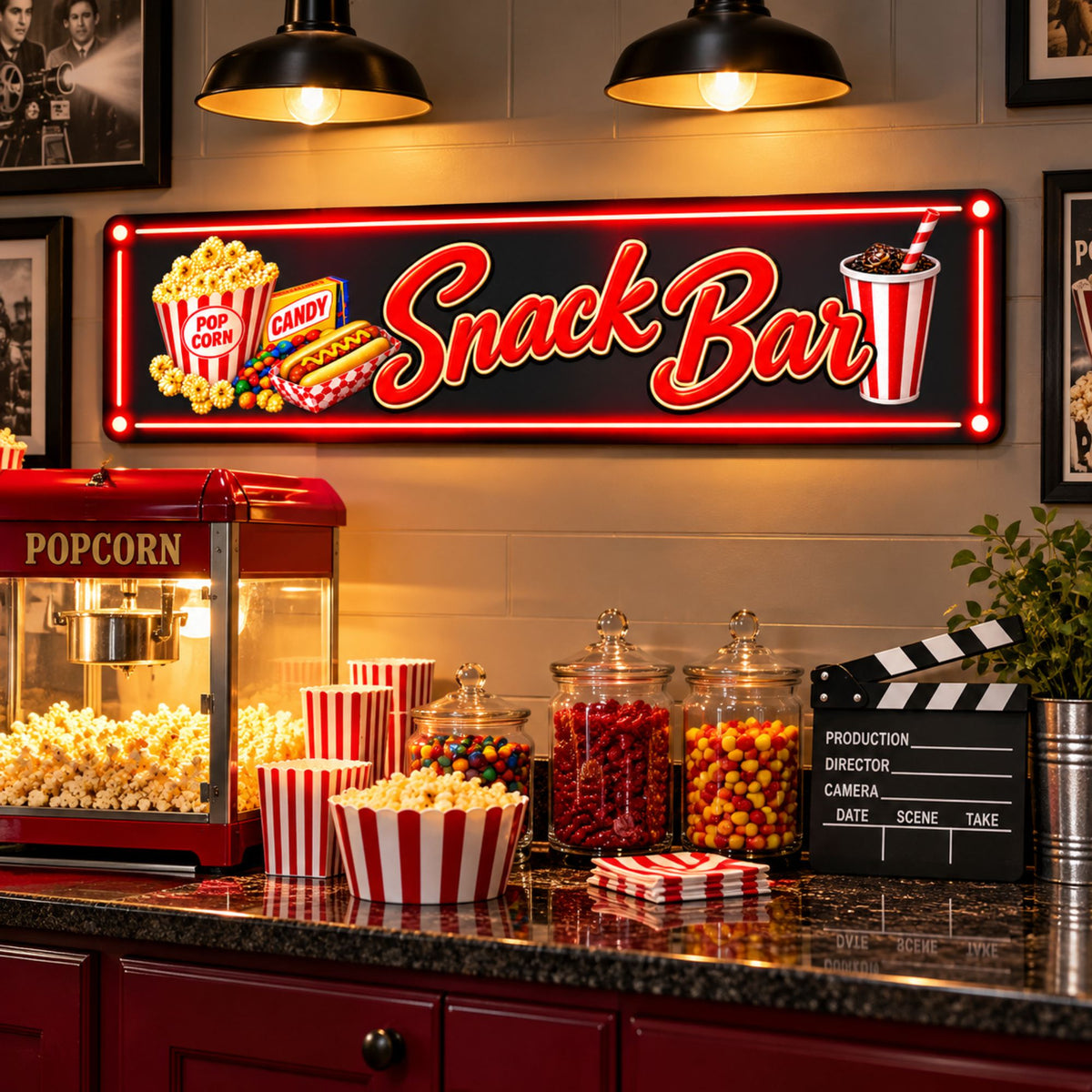 Snack Bar aluminum sign displayed above a home theater concession counter with popcorn and movie decor.