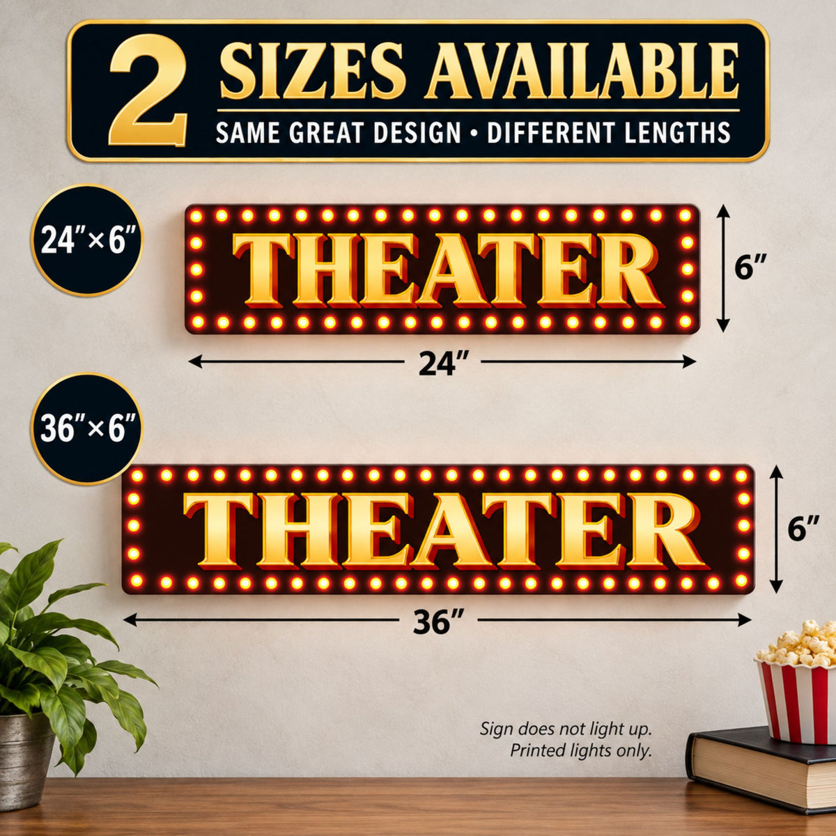 Theater aluminum sign size chart showing 24 x 6 inch and 36 x 6 inch options with printed marquee bulbs.