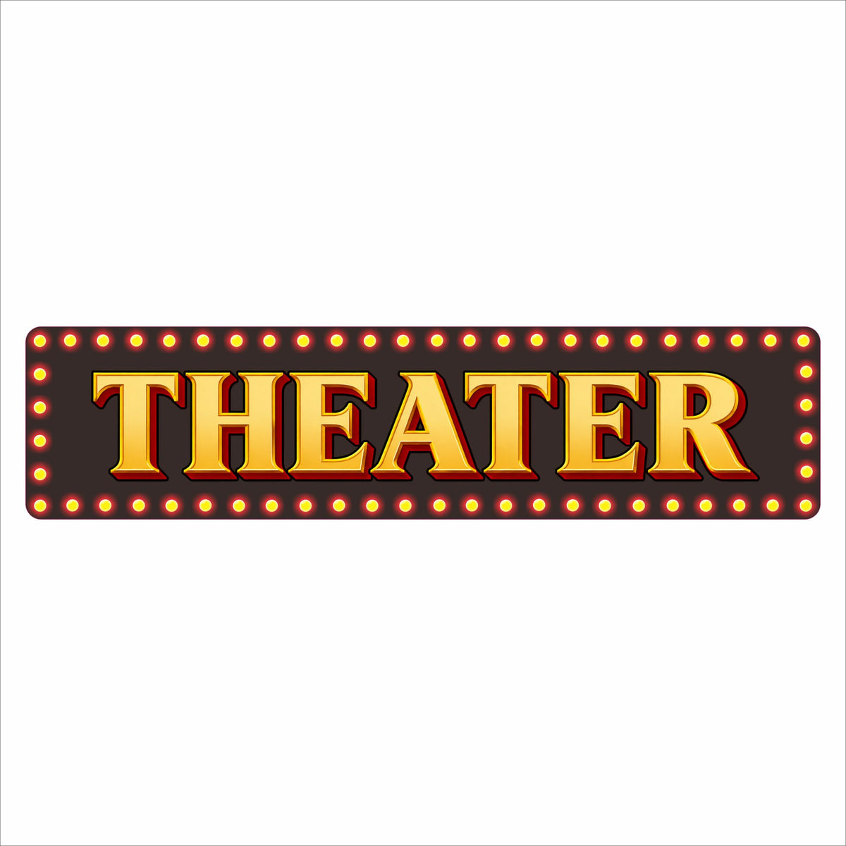 Theater marquee aluminum sign with gold THEATER lettering and printed bulb border on dark background.