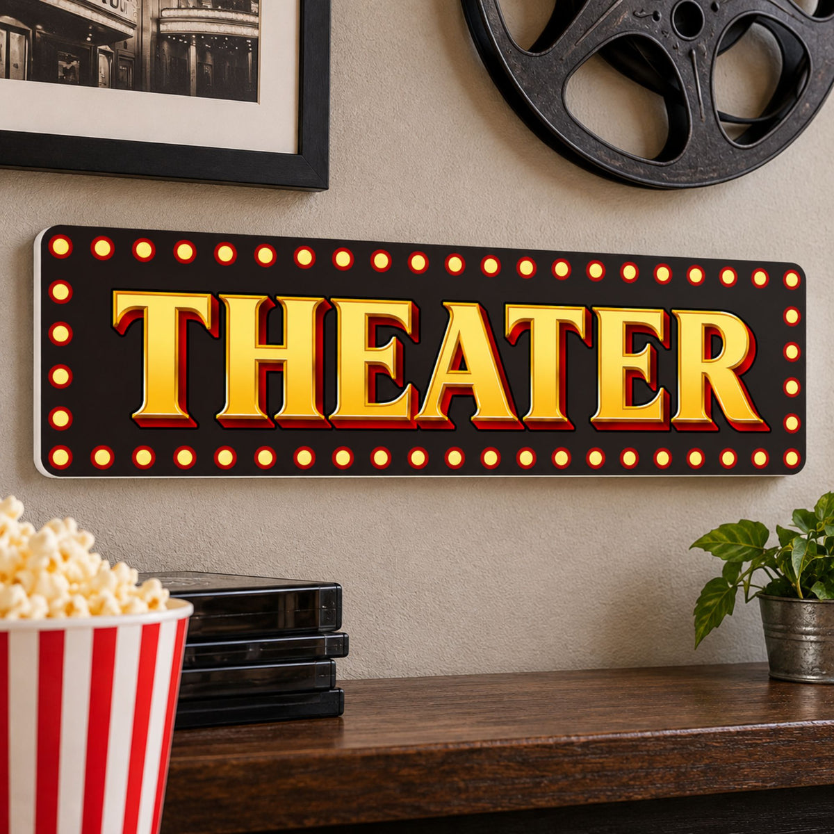 Theater aluminum sign displayed on a home theater wall with movie reel, popcorn and cinema-themed decor.