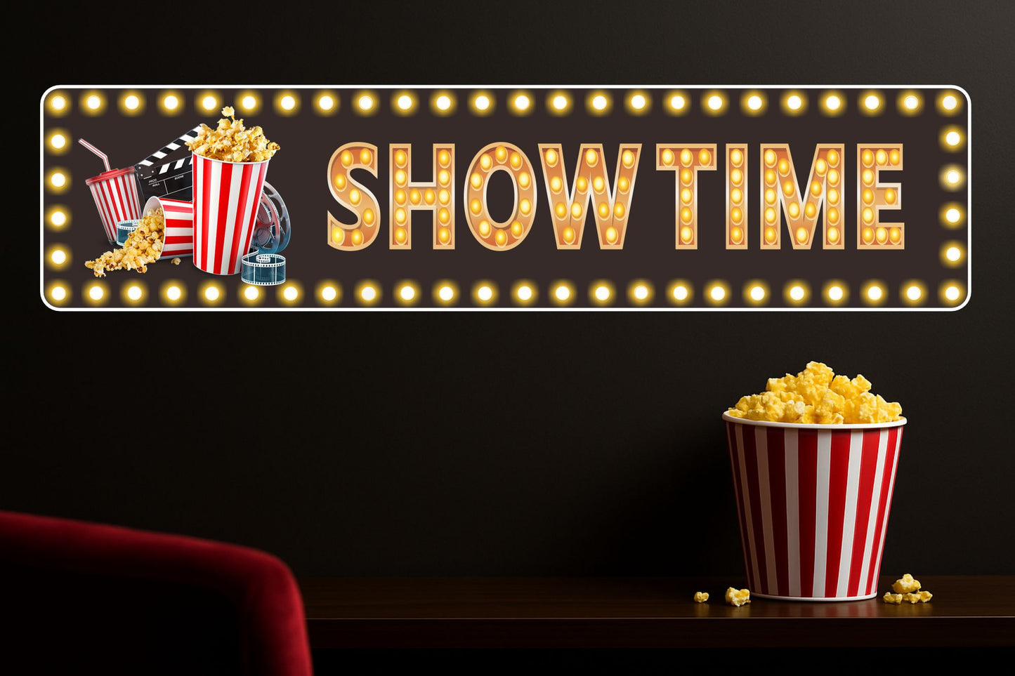 showtime sign printed on vinyl mounted to aluminum displayed in home theater setting