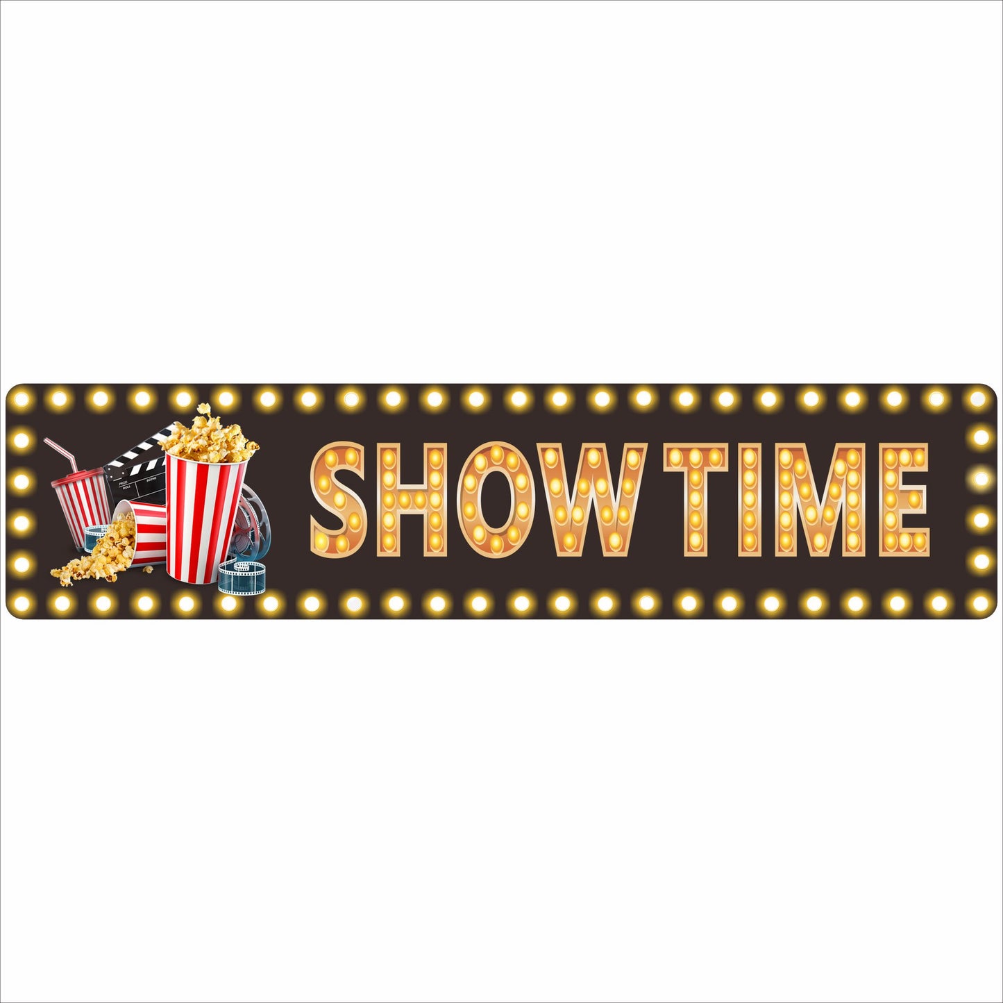 close up of showtime marquee style sign printed on vinyl and mounted on aluminum