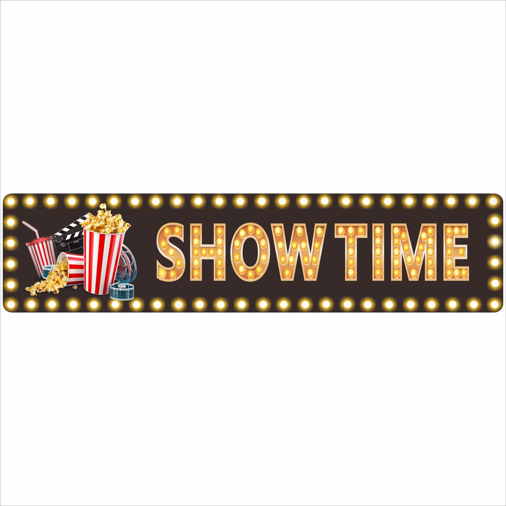 close up of showtime marquee style sign printed on vinyl and mounted on aluminum